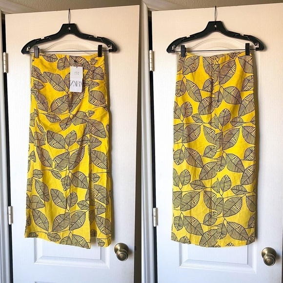 Zara Printed Linen Blend Leaf Midi Skirt Yellow Black XS NWT - Picture 2 of 10